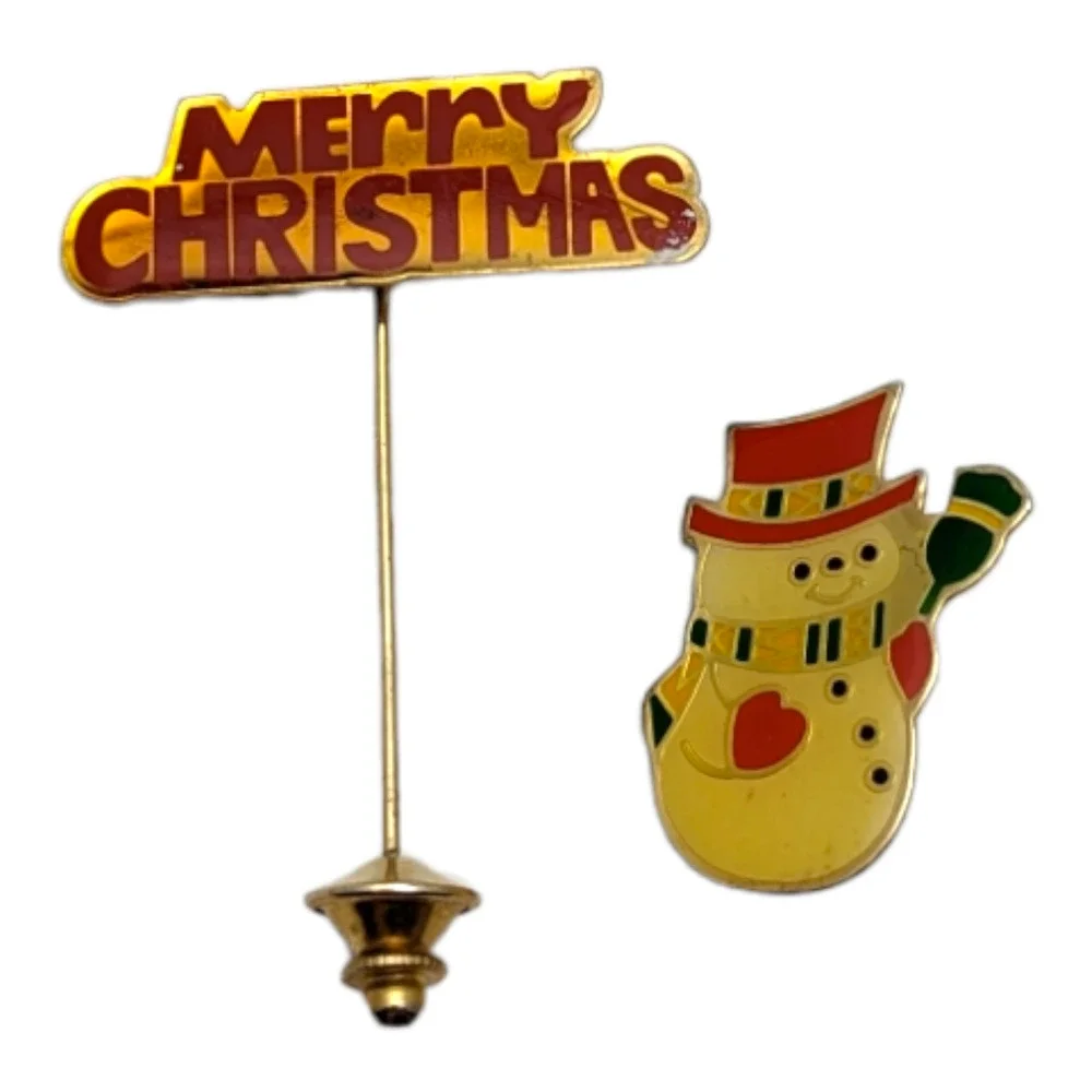 Vintage Christmas Hat Lapel Pin Lot Merry Christmas Frosty Snowman Brooch